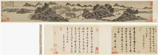 吴镇 山窗听雨图  本幅28×203cm；题跋28×45cm×2 手卷 纸本 成交价1.725亿元